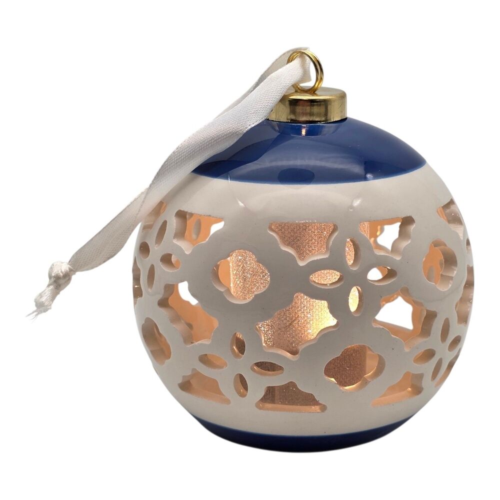 Lightscapes Ceramic Christmas Ball Ornament White Blue Cutworks Design Lights Up